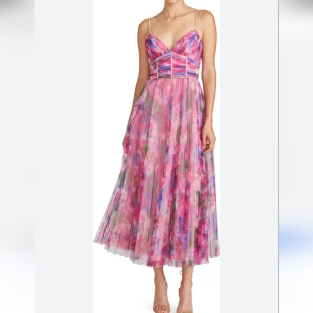 ML Monique Lhuillier Madison Floral Plisse Tulle Midi Cocktail Dress